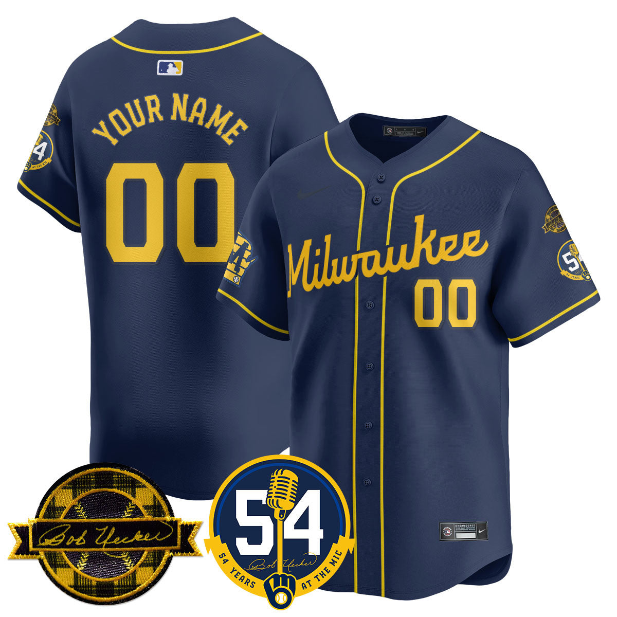Custom Name/Number Milwaukee Brewers Jersey - Bob Uecker, 54 Seasons for Brewers - All Stitched