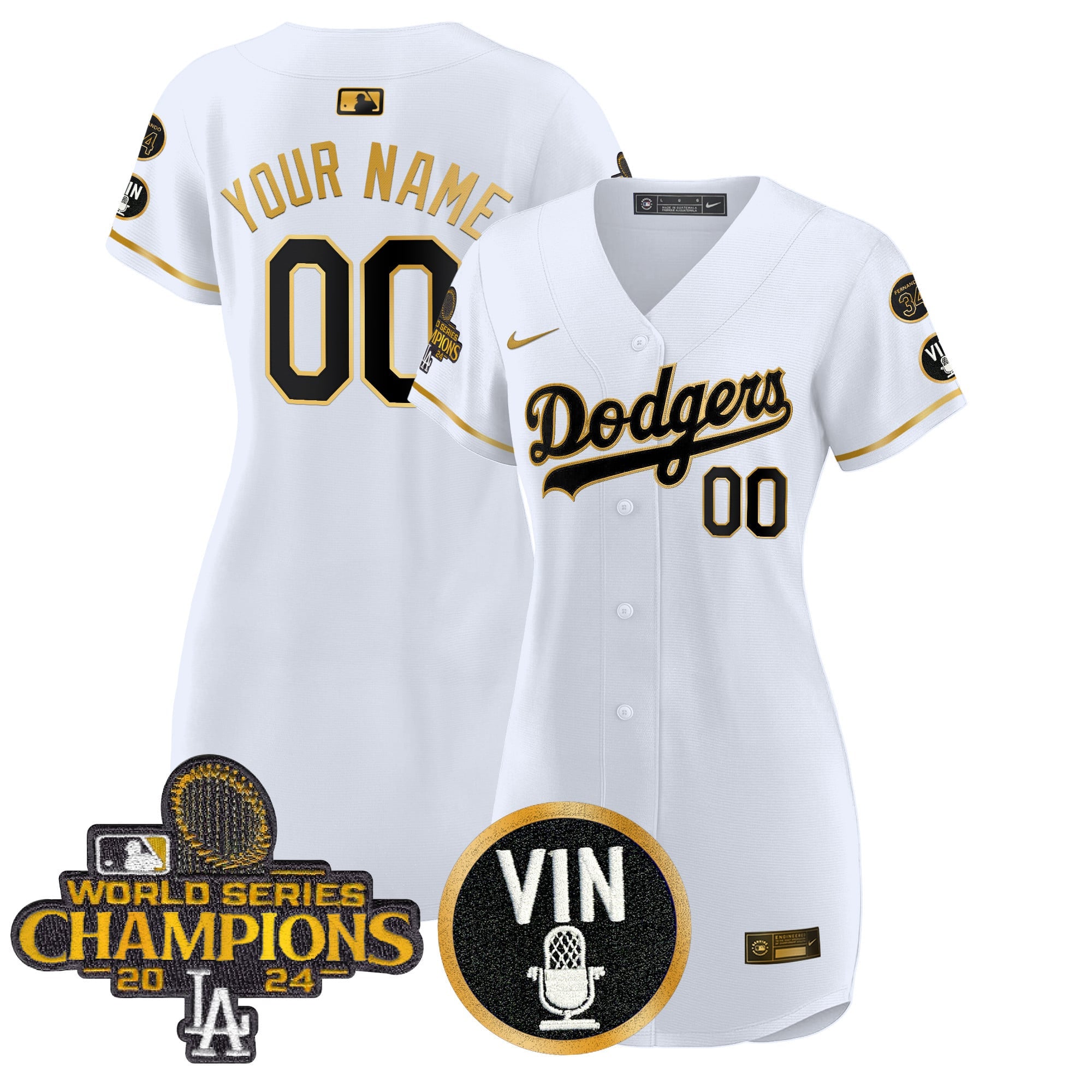 Dodgers 2025 Vin Scully & #34 Fernando Patch Gold Baseball Custom Dress - All Stitched