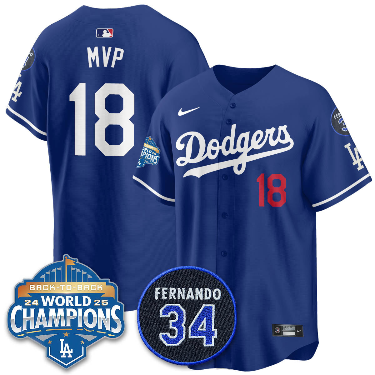 Los Angeles Dodgers 2025 Back To Back Champions Jersey - All Stitched