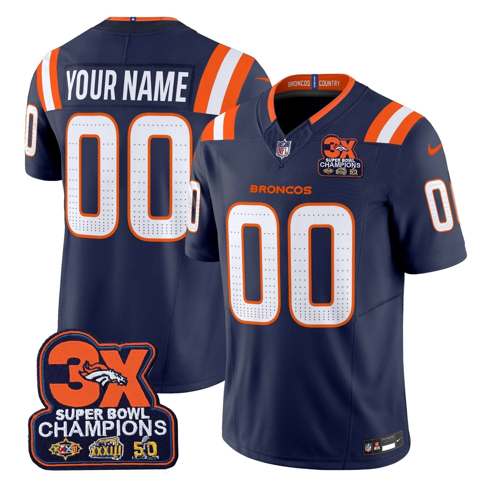 Denver Broncos 3-Time Champions Patch Vapor Limited Custom Jersey V2 - All Stitched